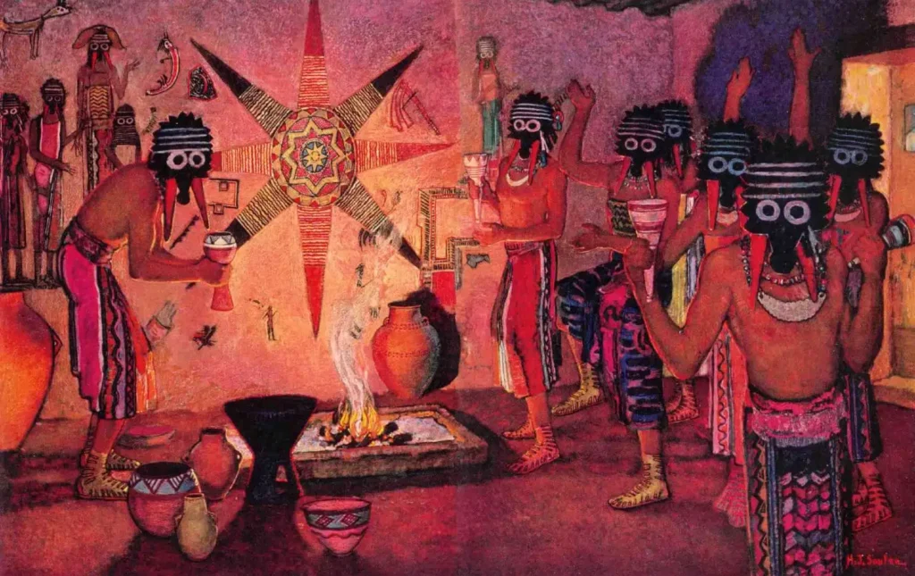 Illustration reconstructing a Ghassulian ritual at Teleilat el-Ghassul, Jordan (5th–4th millennium BCE), by Henry J. Soulen for National Geographic Magazine, December 1957.